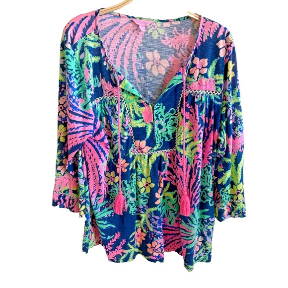 Lilly Pulitzer Tops - Lilly Pulitzer Tilda Tunic Top Womens XL Blue Multi All A Glow 3/4 Sleeve Beac